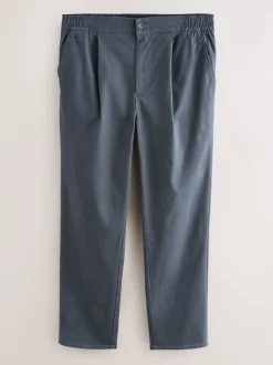 Blue Straight Fit Pleated Stretch Chinos Trousers With Elasticated Waist