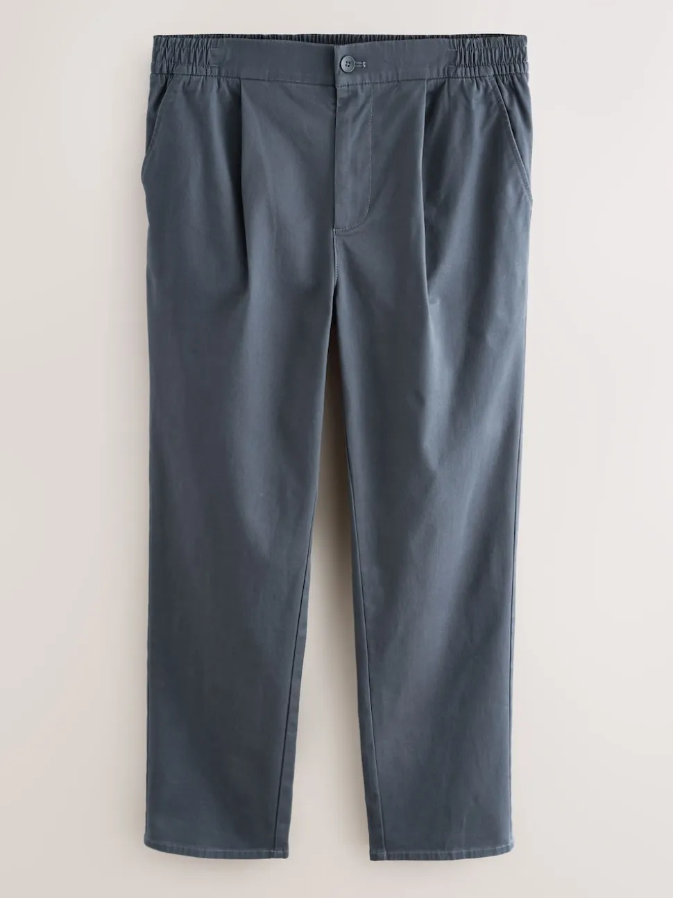 Blue Straight Fit Pleated Stretch Chinos Trousers With Elasticated Waist
