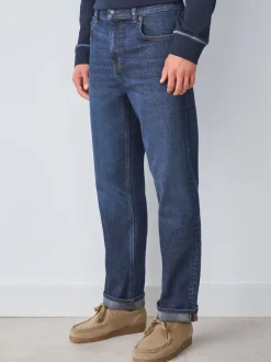 Blue Straight Fit Signature Brushed Cosy Check Denim Jeans