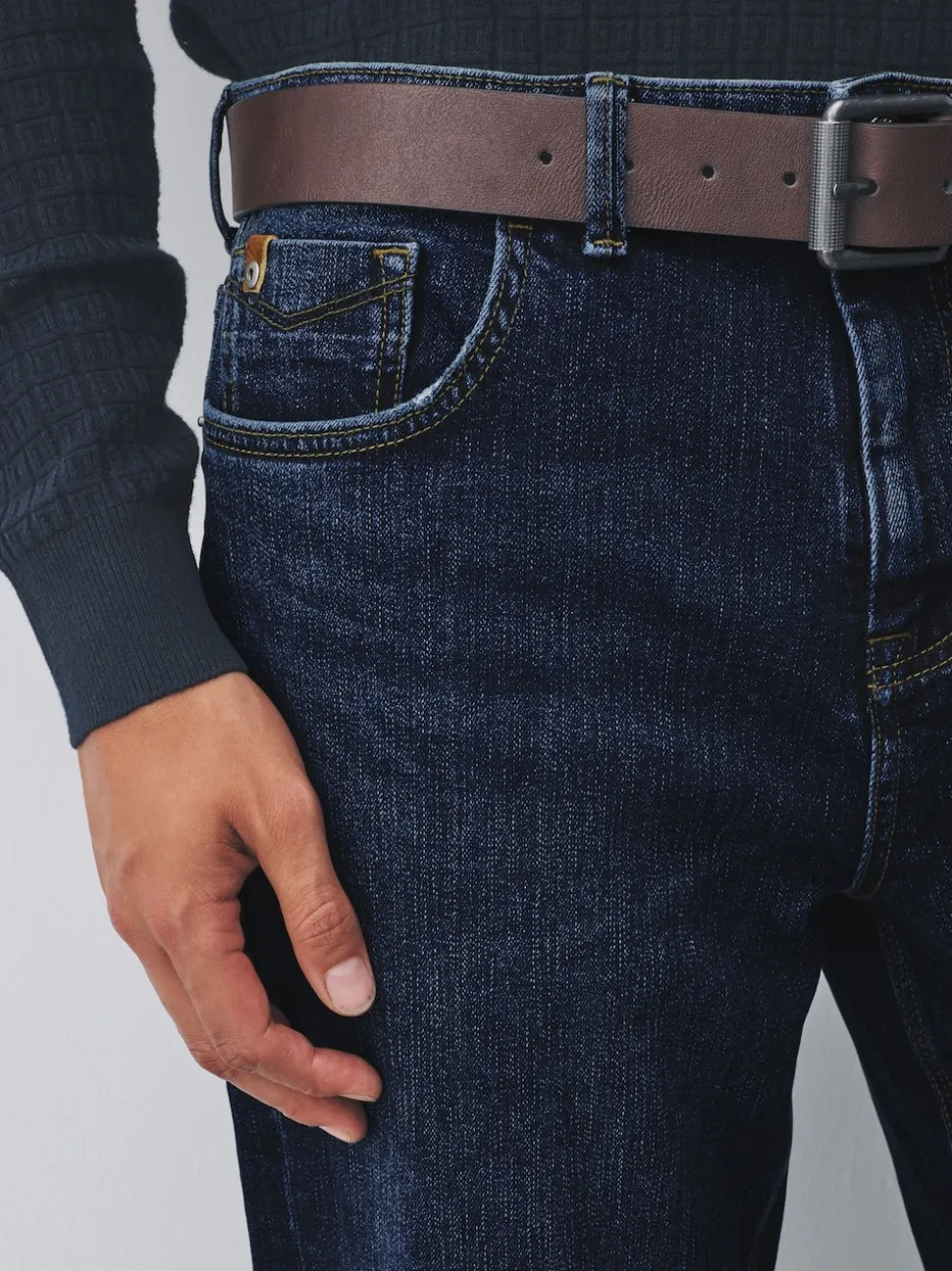 Blue Straight Fit Signature Belted Jeans