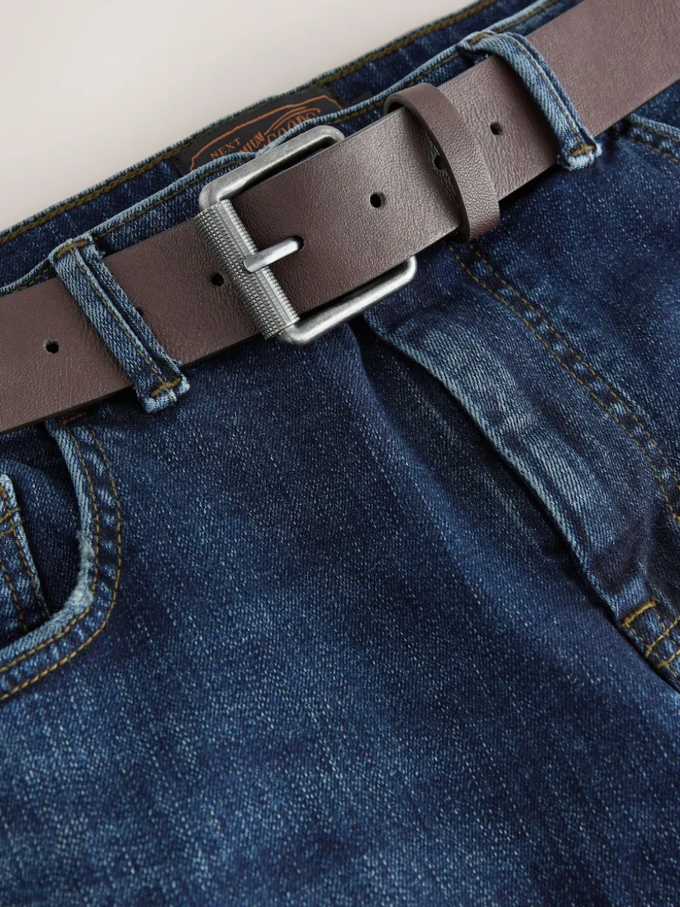 Blue Straight Fit Signature Belted Jeans