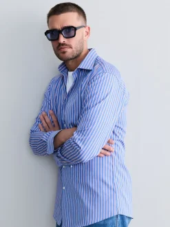 Blue Stripe Slim Fit 100% Cotton Signature Single Cuff Shirt