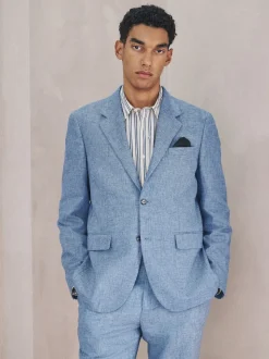 Blue Tailored Fit Linen Blend Texture Suit Jacket