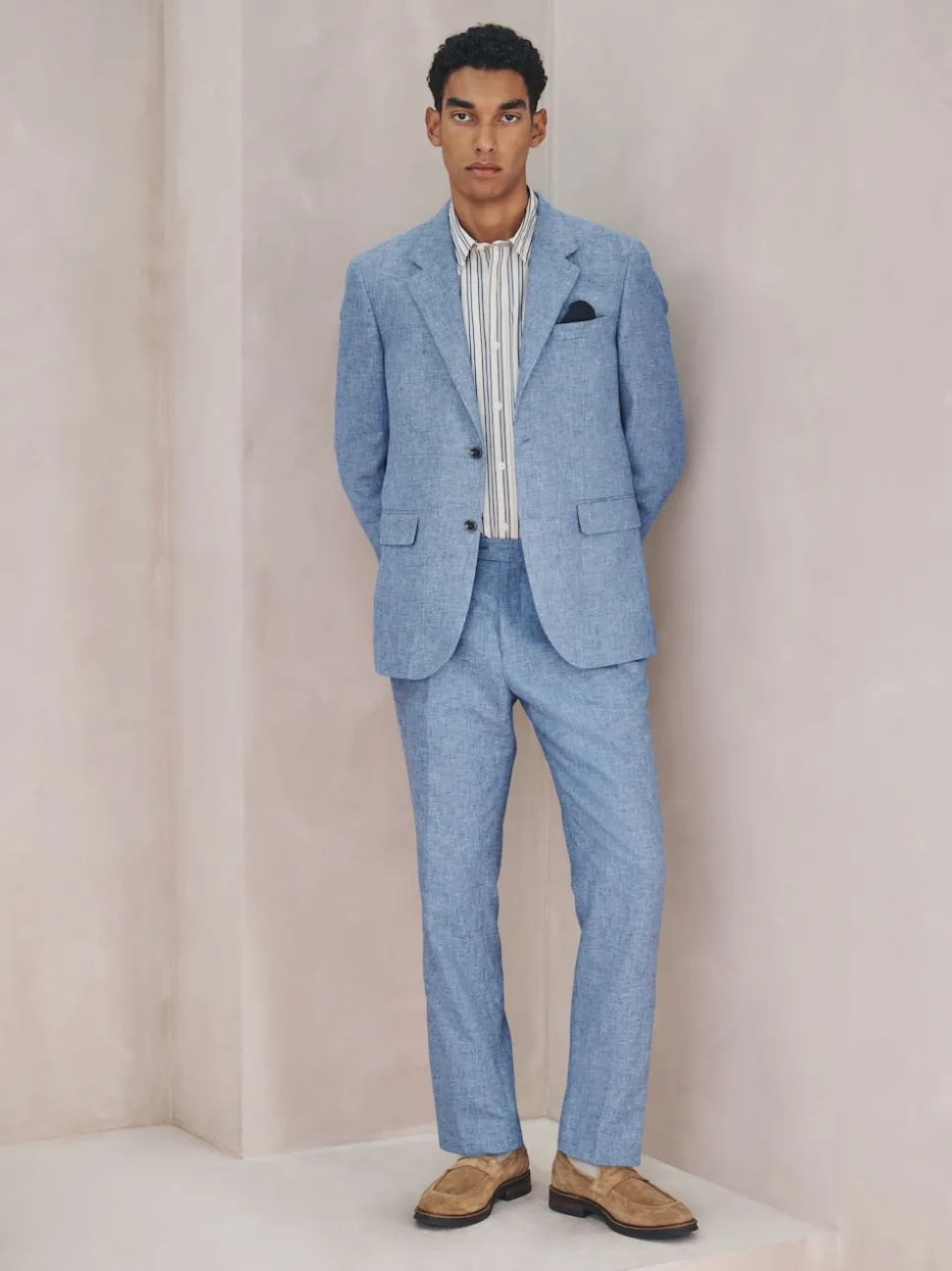 Blue Tailored Fit Linen Blend Texture Suit Jacket