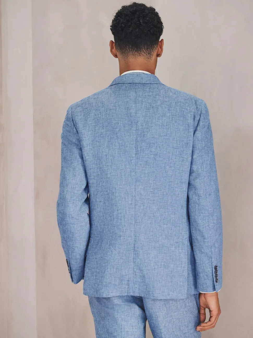 Blue Tailored Fit Linen Blend Texture Suit Jacket