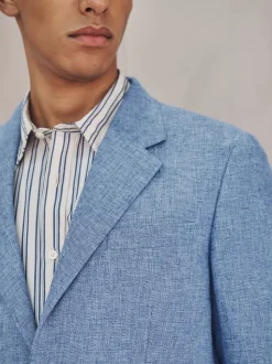 Blue Tailored Fit Linen Blend Texture Suit Jacket