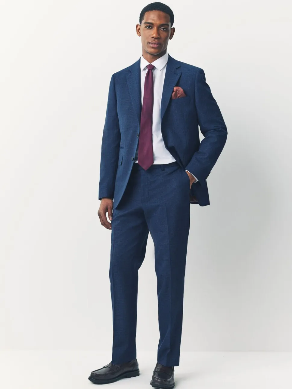 Blue Tailored Fit Textured Wool Blend Suit Trousers