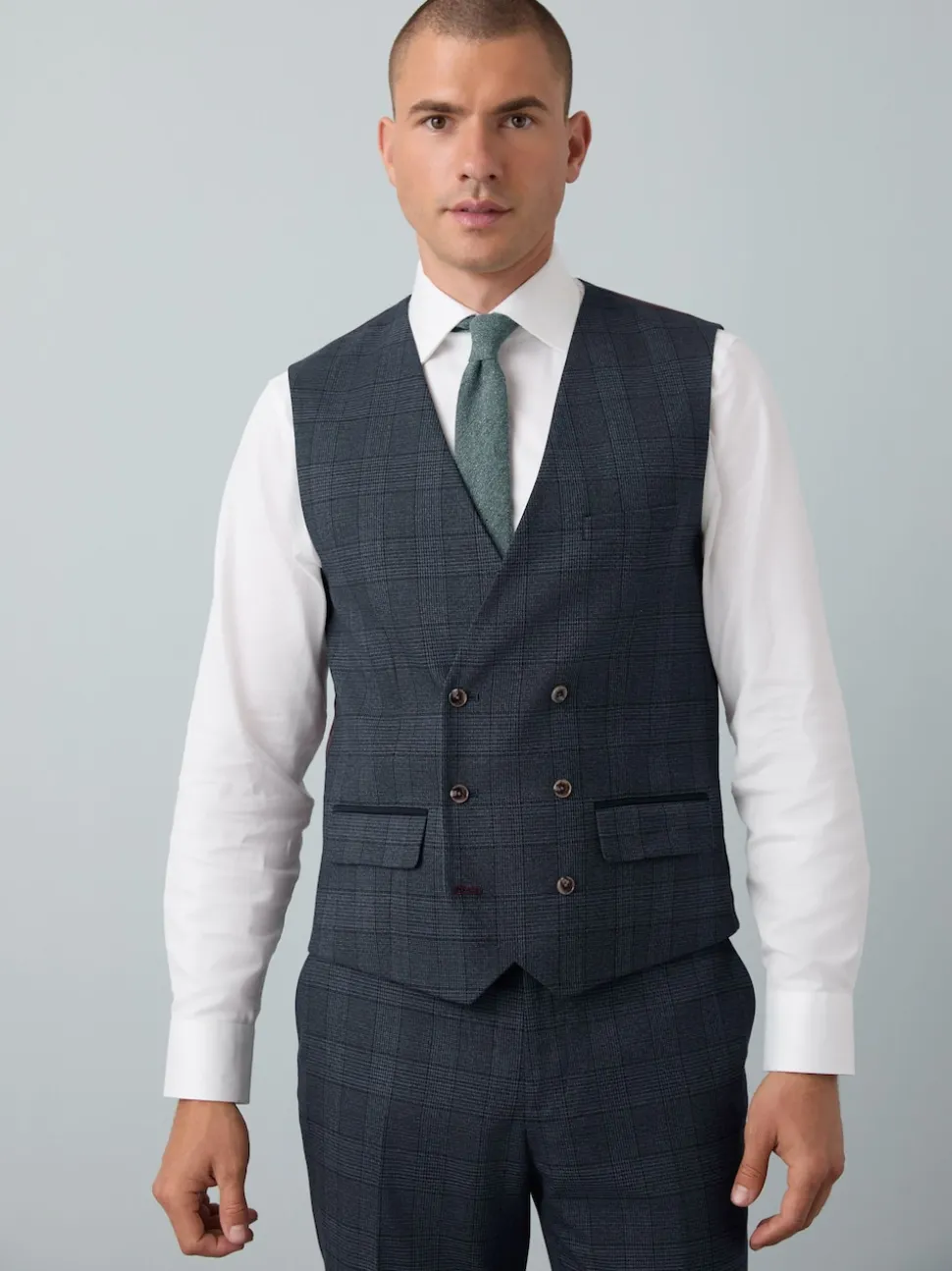 Blue Tailored Fit Trimmed Check Suit Waistcoat