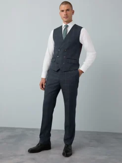 Blue Tailored Fit Trimmed Check Suit Waistcoat
