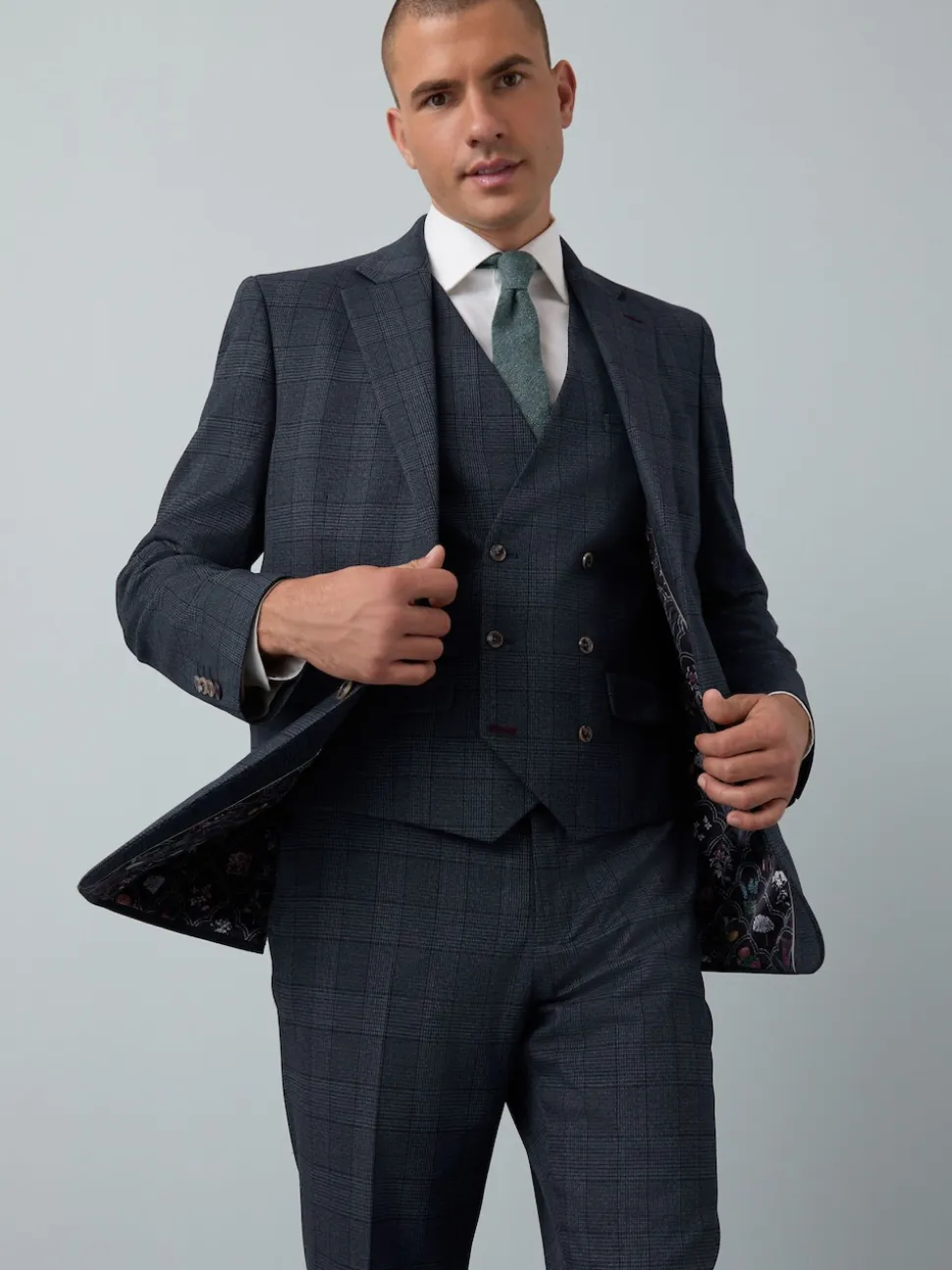 Blue Tailored Fit Trimmed Check Suit Waistcoat