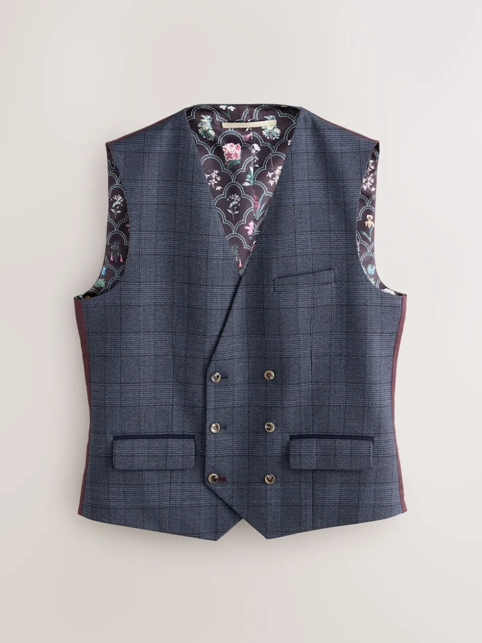 Blue Tailored Fit Trimmed Check Suit Waistcoat