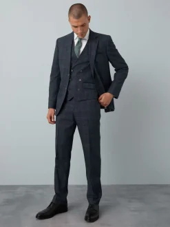 Blue Tailored Fit Trimmed Check Suit Jacket