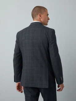 Blue Tailored Fit Trimmed Check Suit Jacket