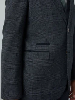 Blue Tailored Fit Trimmed Check Suit Jacket