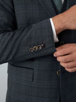 Blue Tailored Fit Trimmed Check Suit Jacket