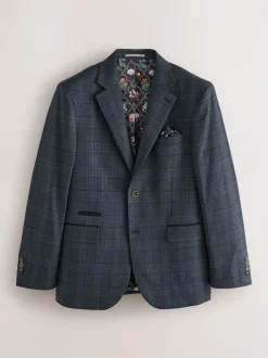 Blue Tailored Fit Trimmed Check Suit Jacket