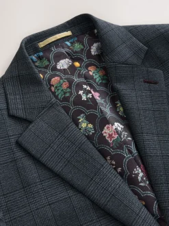 Blue Tailored Fit Trimmed Check Suit Jacket