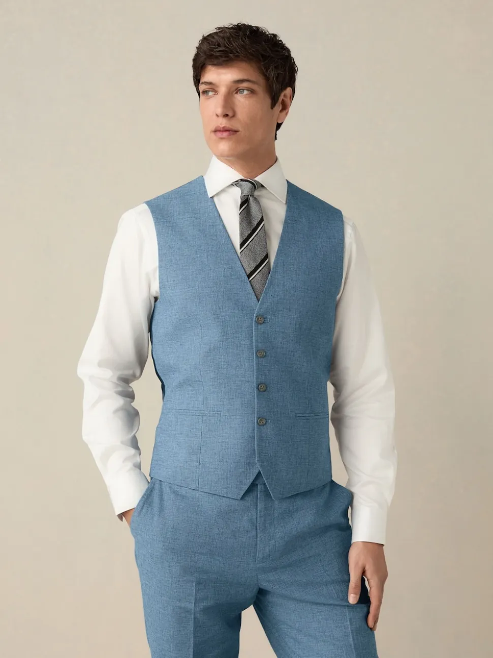 Blue Textured Linen Suit Waistcoat