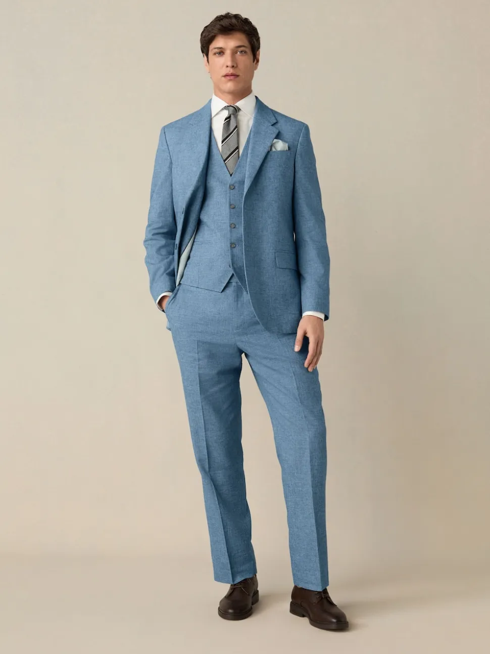 Blue Textured Linen Suit Waistcoat