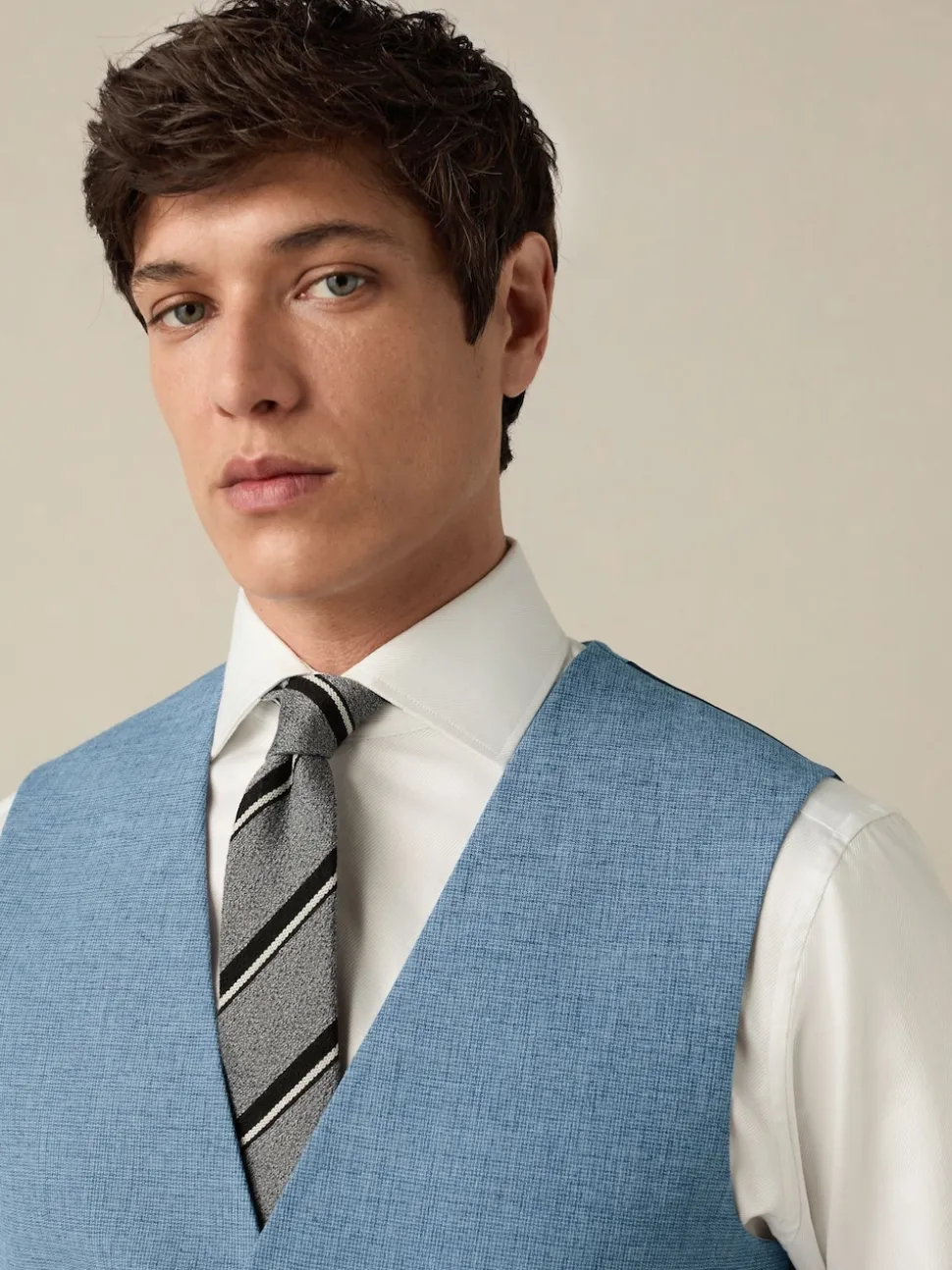 Blue Textured Linen Suit Waistcoat