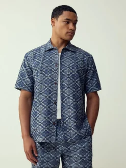 Blue Textured Navajo Style Short Sleeve Shirt