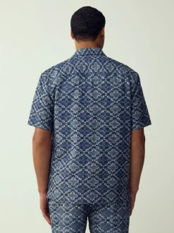 Blue Textured Navajo Style Short Sleeve Shirt