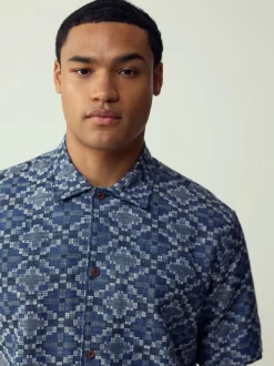Blue Textured Navajo Style Short Sleeve Shirt