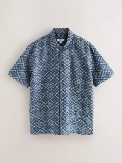 Blue Textured Navajo Style Short Sleeve Shirt