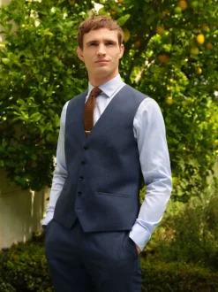 Blue Textured Wool Blend Suit Waistcoat