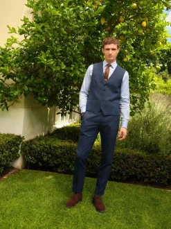 Blue Textured Wool Blend Suit Waistcoat
