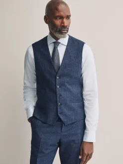 Blue Tollegno Linen Blend Check Suit Waistcoat