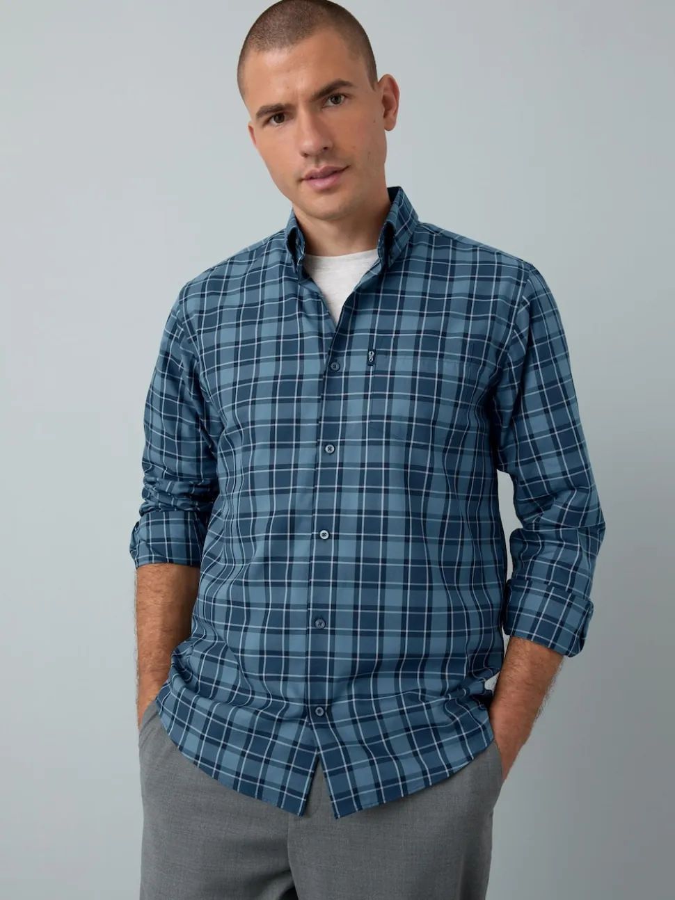 Blue Tonal Check Regular Fit Easy Iron Button Down Oxford Shirt