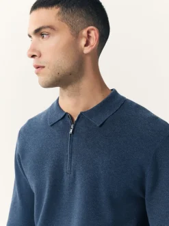 Blue Zip Neck N.Premium Regular Fit Premium Mid Weight Long Sleeve Knit Polo Shirt