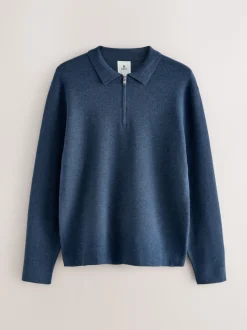 Blue Zip Neck N.Premium Regular Fit Premium Mid Weight Long Sleeve Knit Polo Shirt