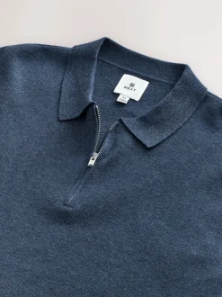 Blue Zip Neck N.Premium Regular Fit Premium Mid Weight Long Sleeve Knit Polo Shirt