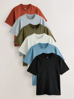Blue/Black/Orange/Green/Grey/Ecru White Regular Fit Essential Cotton T-Shirts 6 Pack