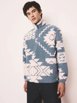 Blue/Ecru Geometric Matching Family Zip Neck Zip Neck Printed Fleece