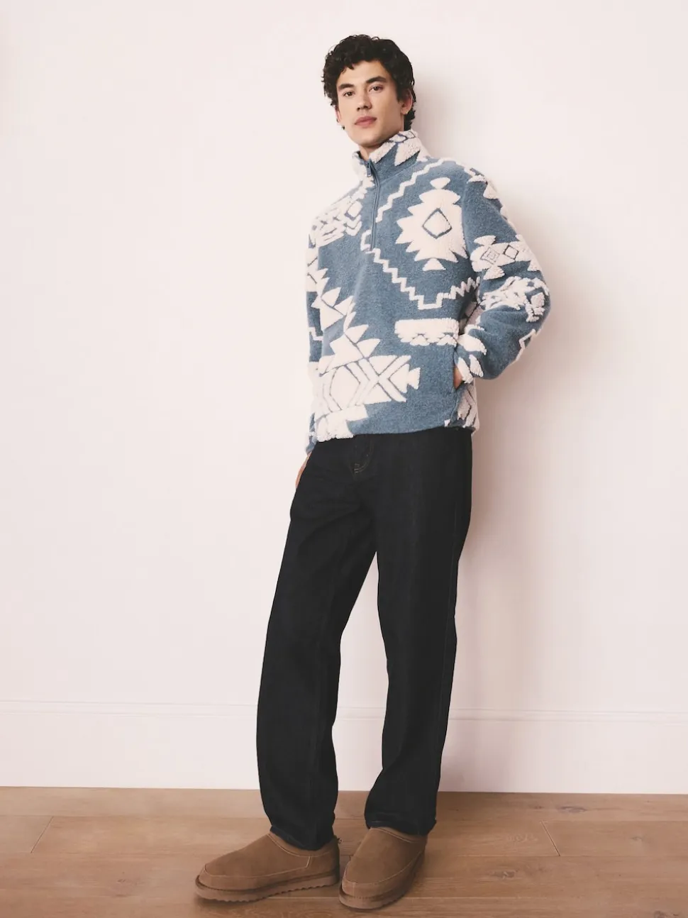 Blue/Ecru Geometric Matching Family Zip Neck Zip Neck Printed Fleece