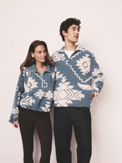 Blue/Ecru Geometric Matching Family Zip Neck Zip Neck Printed Fleece