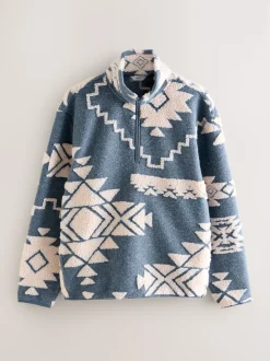 Blue/Ecru Geometric Matching Family Zip Neck Zip Neck Printed Fleece