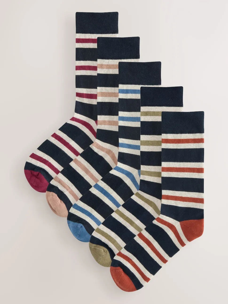 Blue/Ecru Striped Cushioned Sole Comfort Socks 5 Pack