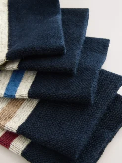 Blue/Ecru Striped Cushioned Sole Comfort Socks 5 Pack