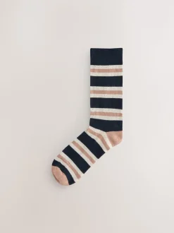 Blue/Ecru Striped Cushioned Sole Comfort Socks 5 Pack