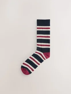 Blue/Ecru Striped Cushioned Sole Comfort Socks 5 Pack