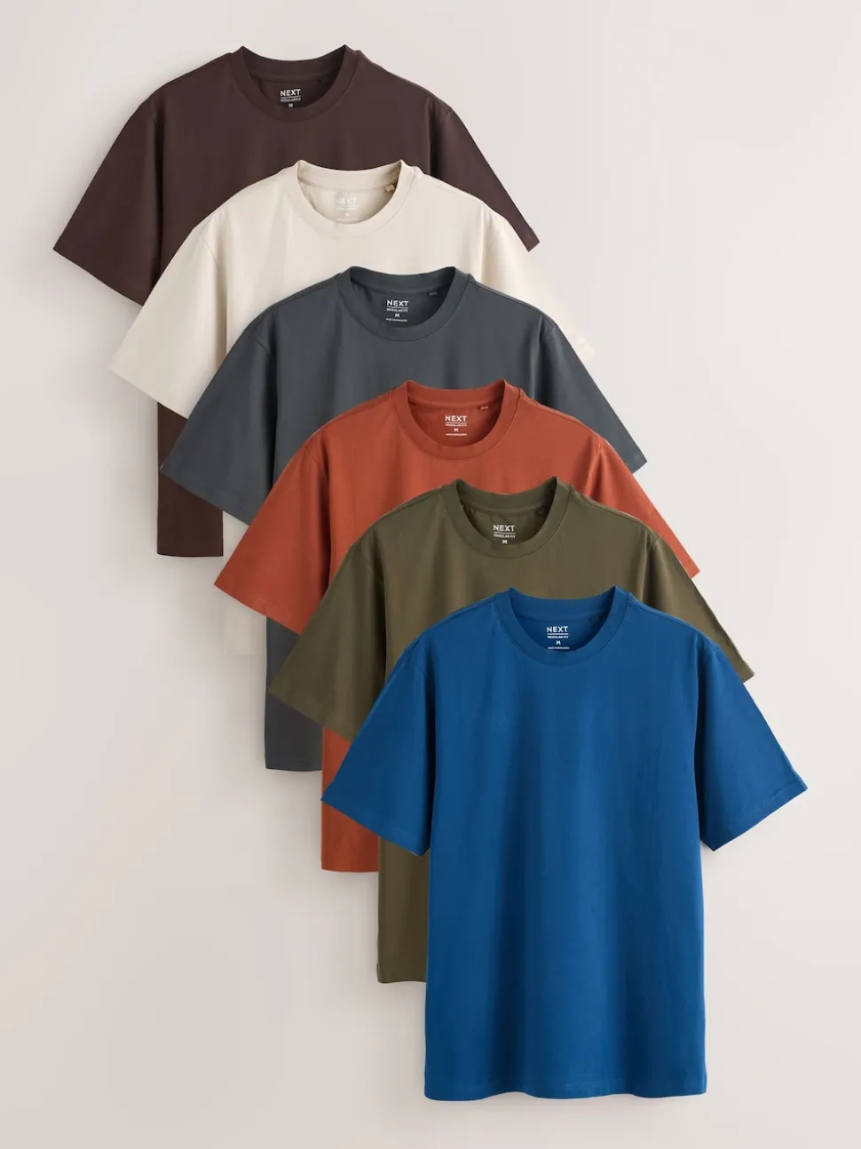 Blue/Green/Grey/Orange/White/Brown Regular Fit Essential Cotton T-Shirts 6 Pack