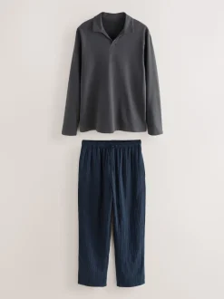 Blue/Grey Cheesecloth Trophy Neck Pyjamas Set