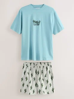 Blue/Grey Terry Urban Short Sleeve Jersey Pyjamas Set