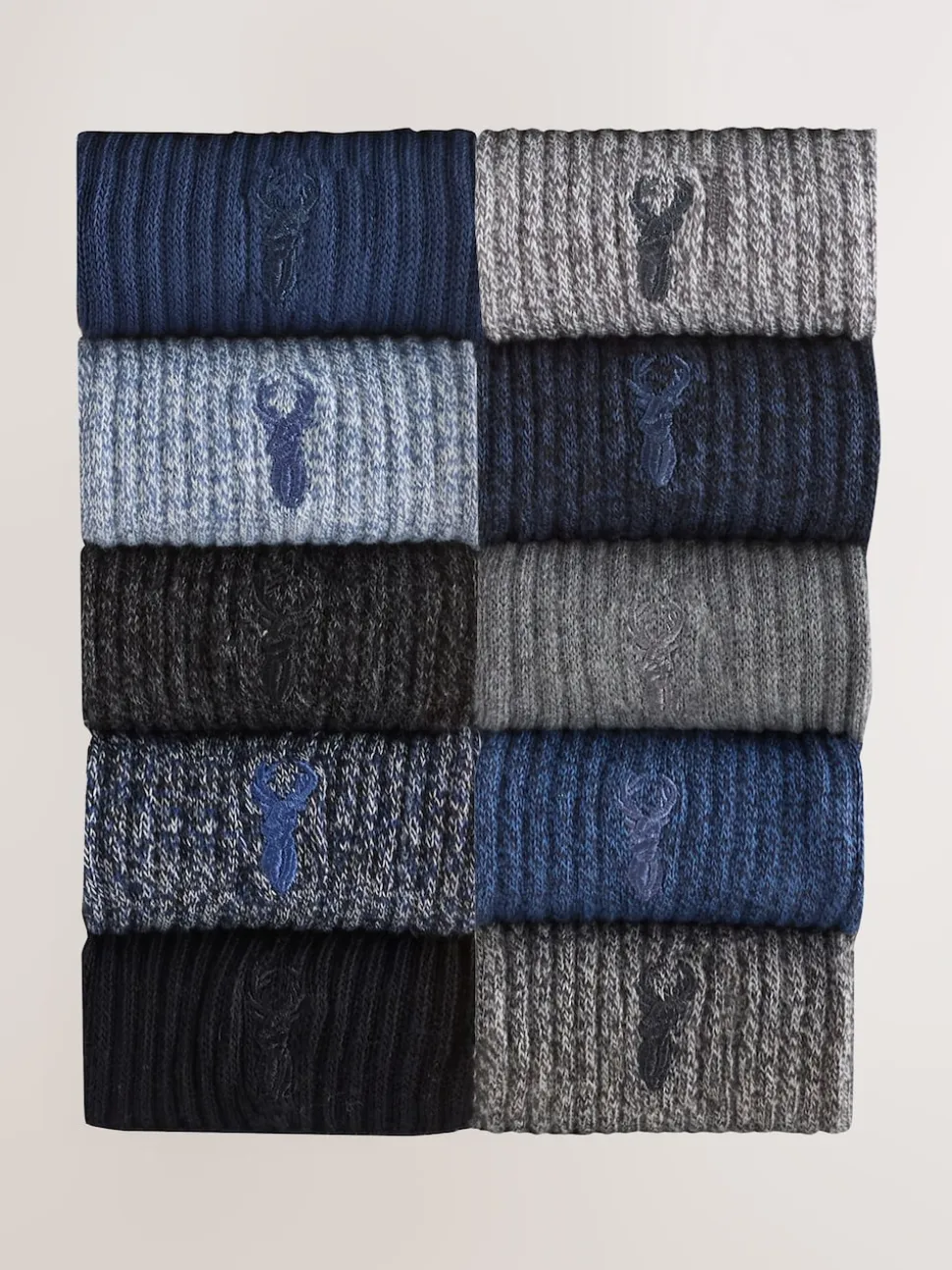 Blue/Grey Twisted Stag Embroidered Heavyweight Socks 10 Pack