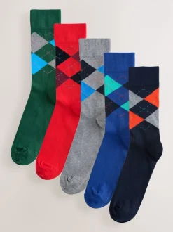 Blue/Orange/Green Argyle Stripe Pattern Socks 5 Pack