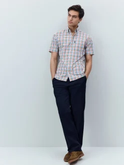 Blue/Red Gingham Easy Iron Button Down Short Sleeve Oxford Shirt